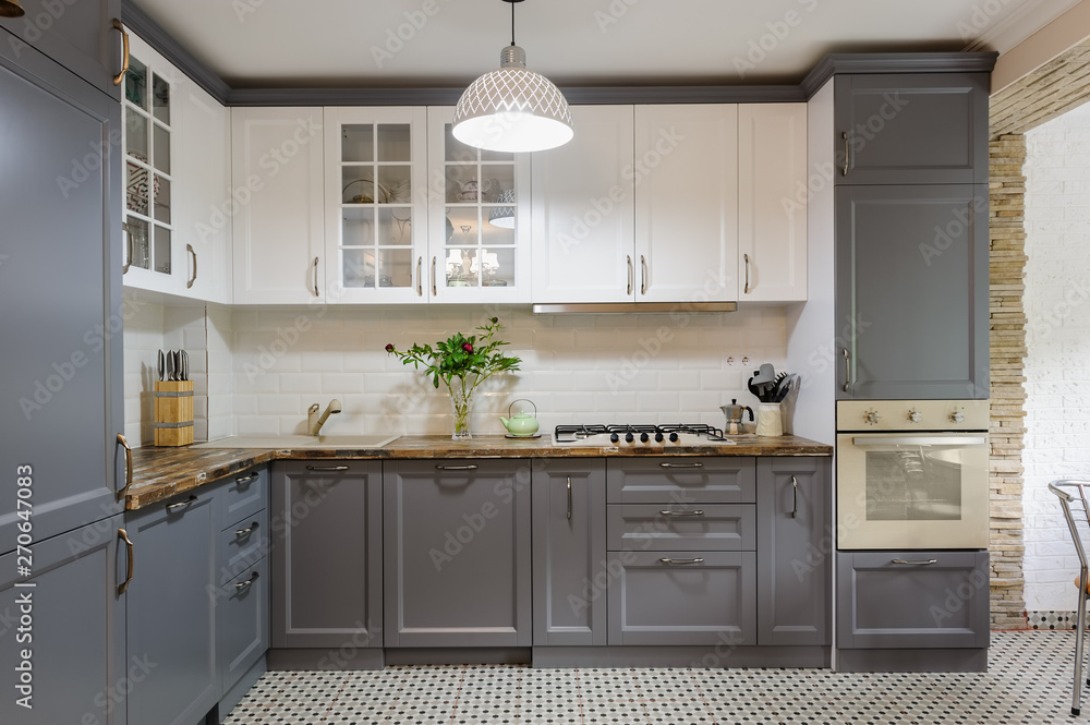 modern grey and white wooden kitchen interior - obrazy, fototapety, plakaty 