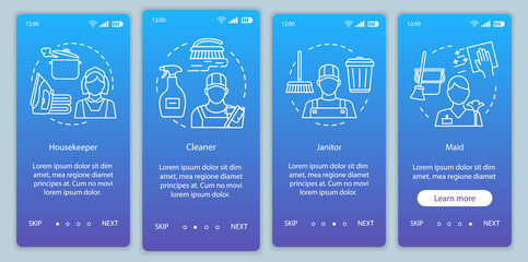 Cleaning agency staff onboarding mobile app page screen vector template