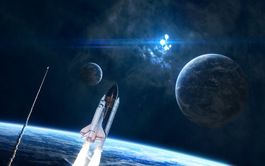 Wall Mural - planets, space shuttles in deep space. nebula, star cluster. science fiction. elements of this image