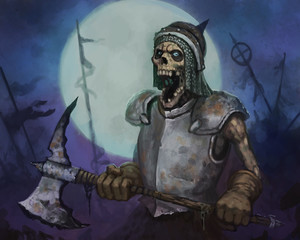 Wall Mural - Terrifying skeleton warrior carrying an ax into battle in front of a large full moon - digital fantasy painting