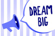 Word writing text Dream Big. Business concept for To think of something high value that you want to achieve Megaphone loudspeaker loud screaming scream idea talk talking speech bubble