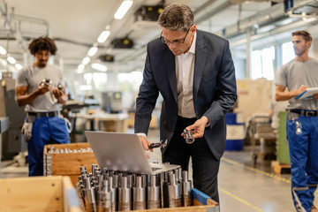 Wall Mural - Mid adult engineer using laptop while performing quality control in steel factory.