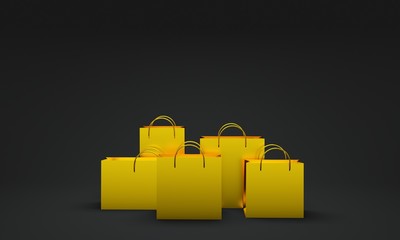 Wall Mural - Gold shopping bags on black background. 3d rendering