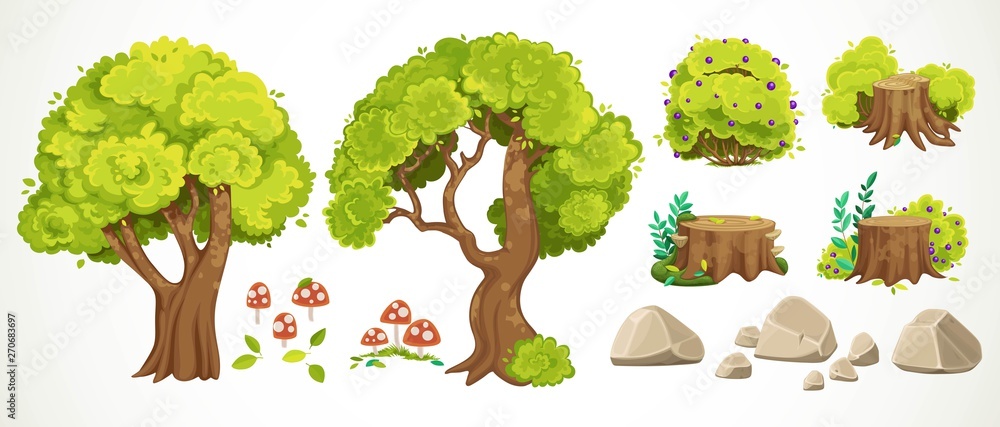 Big set of beautiful old moss-covered stumps, summer leaves, rubbing a pack of mushrooms,trees and stones isolated on white background - obrazy, fototapety, plakaty 
