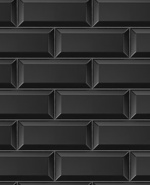 Wall Mural -  - Black tiles Metro.Сeramic rectangles with chamfered edge and dark gray background. High quality seamless realistic texture.
