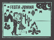 Festa Junina background vector. Cute couple dancing.Traditional Brazilian woodcut style illustration with copy space.