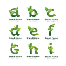 Eco Green Letter Pack Logo Design Template. Green Alphabet Vector Designs With Green And Fresh Leaf Illustration.