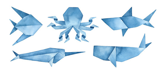 Navy blue origami collection of undersea animals: whale, shark, octopus, abstract fish and narwhal. Hand drawn watercolour graphic painting on white background, cutout clip art elements for design.