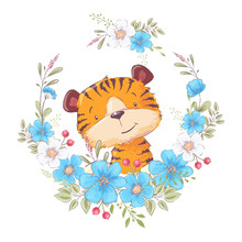 Postcard Poster Cute Little Tiger In A Wreath Of Flowers. Hand Drawing. Vector