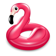 Rubber Ring For Swimming In The Pool. Pink Flamingo. Water Safety For Children. Lifebuoy. Isolated On White Background Realistic Vector Illustration.
