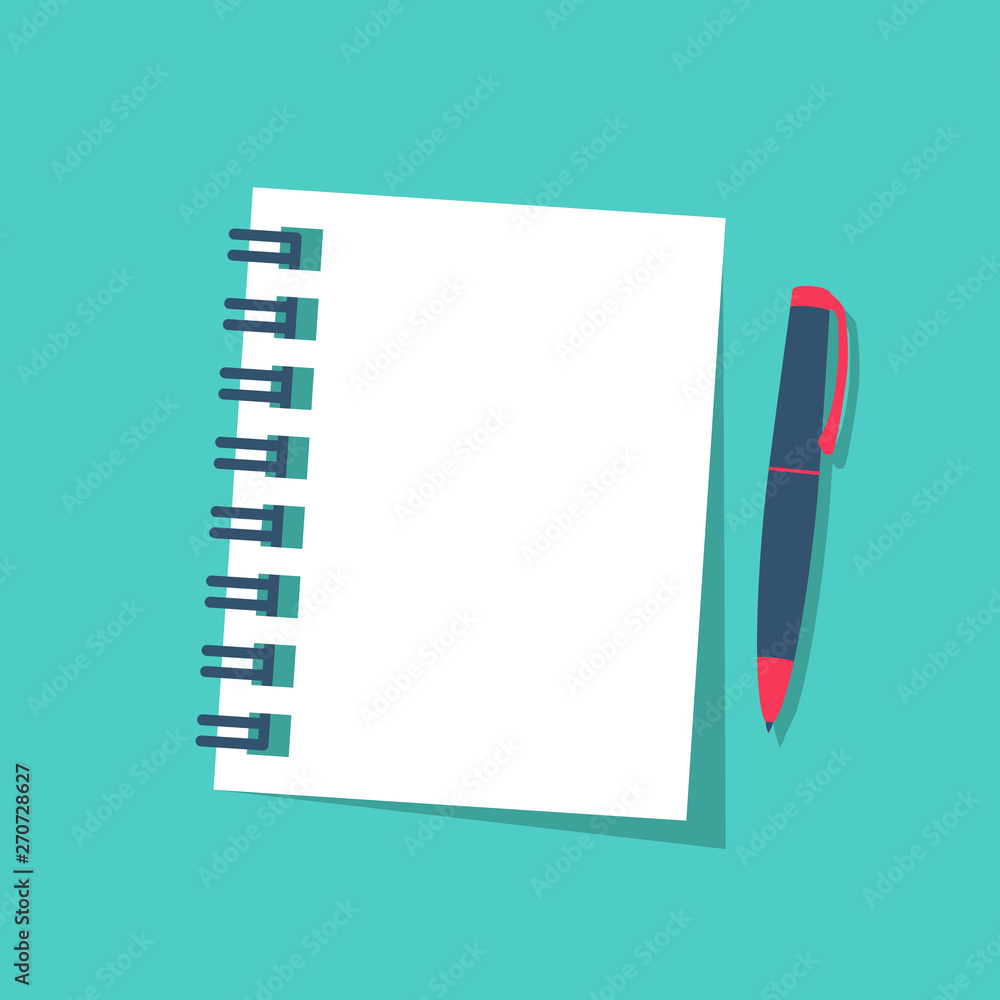 Notebook and pen isolated on background. Vector illustration flat style. Page notepad white paper. Template for text for web design or advertising. Diary for writings. - obrazy, fototapety, plakaty 