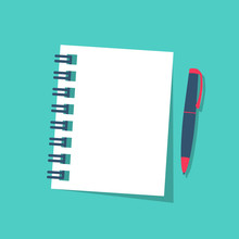 Notebook And Pen Isolated On Background. Vector Illustration Flat Style. Page Notepad White Paper. Template For Text For Web Design Or Advertising. Diary For Writings.