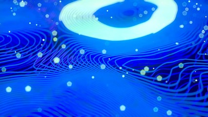 Poster - Blue colored abstract background with bright particles. Deformed wavy wires with motion glowing elements. Depth of field. 3D render loop animation. 4K, Ultra HD resolution.