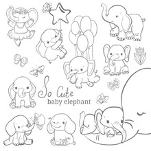 Baby Elephant Collection Over White Background