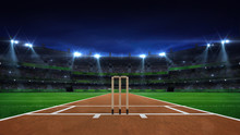 Night Cricket Field General View And Stadium Lights On