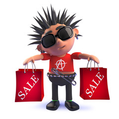 Cartoon punk rock kid in 3d holding sale shopping bags