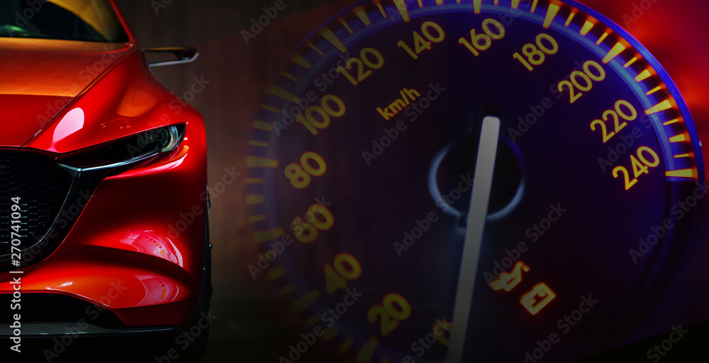 Red modern car headlights on car instrument panel background - obrazy, fototapety, plakaty 