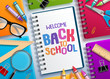 Back to school vector concept with colorful notebooks and welcome back to school text written in white paper and school elements. Vector illustration.