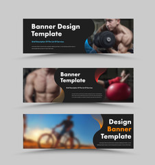 Wall Mural - set of horizontal black web banners with space for photos and curved colored lines. universal templa