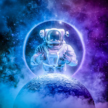 Alone In The Final Frontier / 3D Illustration Of Science Fiction Scene With Astronaut Rising Above Moon Surrounded By Glowing Galaxies In Space