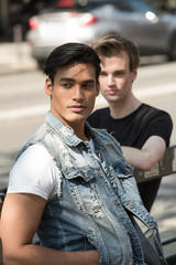 Fashion portrait of young handsome man young LGBT couple.