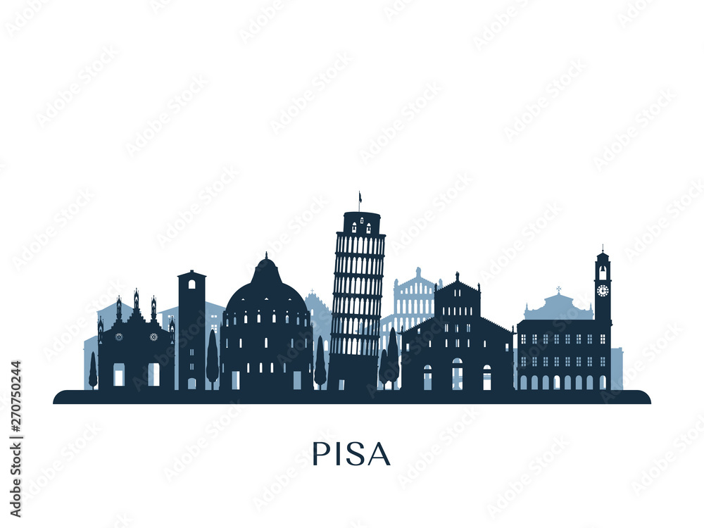 Pisa skyline, monochrome silhouette. Vector illustration. - obrazy, fototapety, plakaty 