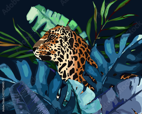 Summer print with tropical jungle leaves and leopard. Vector aloha illustrati...