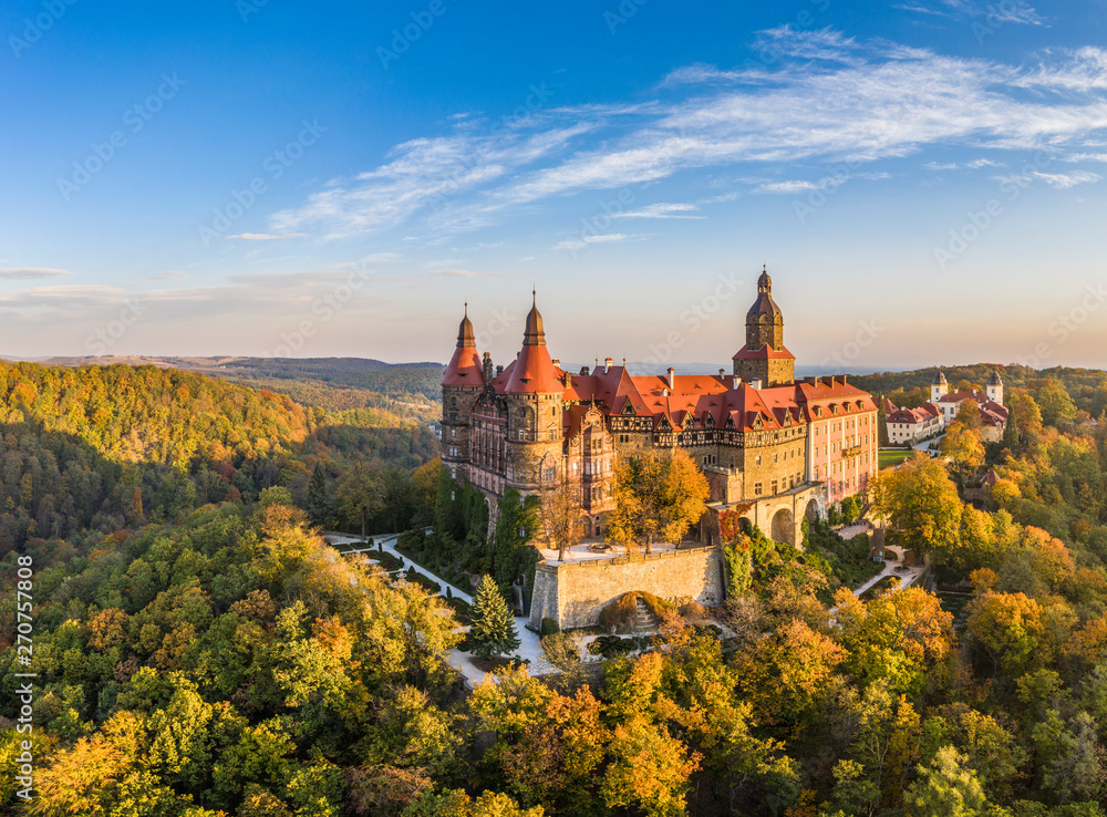 Zamek Książ at sunrise autumn colours - obrazy, fototapety, plakaty 