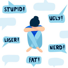 Cyberbullying Concept, Sad Teenager In Front Of Laptop, Flat Vector Illustration Isolated On White