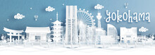 Panorama View Of Yokohama City Skyline With World Famous Landmarks Of Japan In Paper Cut Style Vector Illustration.