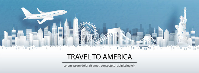 Travel advertising with travel to America concept with panorama view of New York City skyline and world famous landmarks in paper cut style vector illustration.