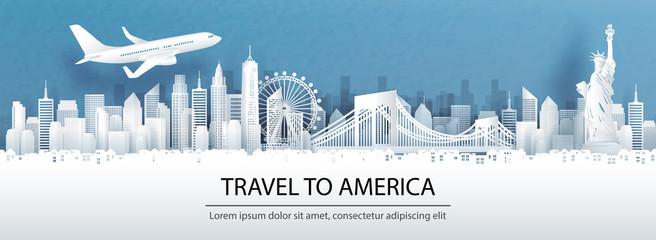 Wall Mural - Travel advertising with travel to America concept with panorama view of New York City skyline and world famous landmarks in paper cut style vector illustration.