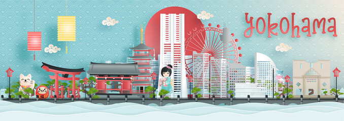 Wall Mural - Panorama view of Yokohama city skyline with world famous landmarks of Japan in paper cut style vector illustration.