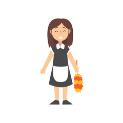 Sticker - Girl Maid Character in Uniform with Black Dress and White Apron, Kid Dreaming of Future Profession Vector Illustration