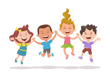 Happy Multiracial Kids Jumping And Laughing. Group Of Kids Holding Their Hands. Happiness, Friedship And Fun Concept.