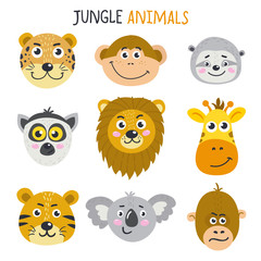 Sticker - Vector set of cute faces of animals from jungle