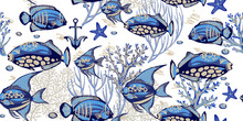 Sea Seamless Pattern With Corals, Starfishes And Tropical Fishes