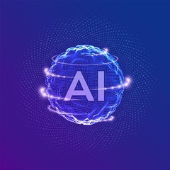 AI. Artificial Intelligence Logo. Artificial Intelligence and Machine Learning Concept. Sphere grid wave with binary code. Big data innovation technology. Neural networks. Vector illustration.