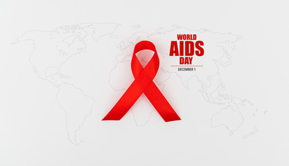 Wall Mural - Aids Awareness Red heart Ribbon on world map .