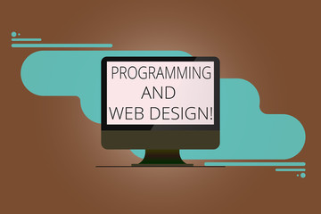Writing note showing Programming And Web Design. Business photo showcasing Website development Designing web pages Mounted Computer Monitor Blank Reflected Screen on Abstract Background
