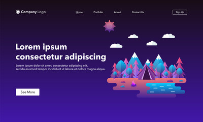 Landing page concept. Vector illustration in trendy and modern flat style. Beautiful forest scene. Tent, trees, mountains, forest