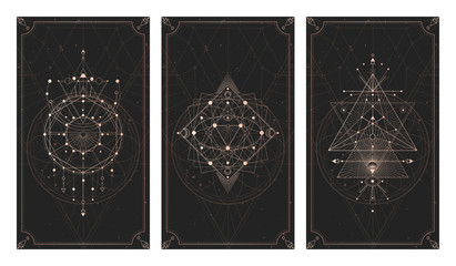 Wall Mural - vector set of three dark backgrounds with geometric symbols, grunge textures and frames.