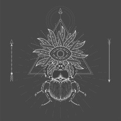 Vector illustration with hand drawn Scarab and Sacred geometric symbol on black background. Abstract mystic sign.