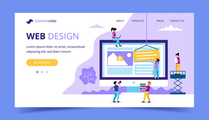 Wall Mural - Web design landing page - illustration with small people doing various tasks, big monitor with a website.