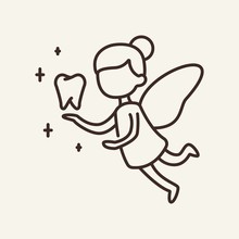 Tooth Fairy Line Icon. Flying Magic Girl Holding Tooth. Dental Care Concept. Vector Illustration Can Be Used For Topics Like Healthcare, Dental Care, Pediatric Dentistry