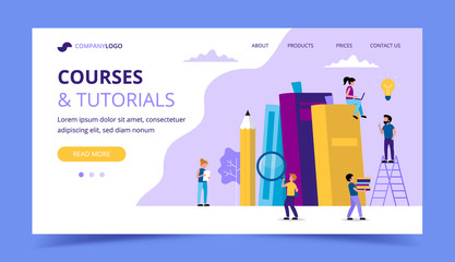 Courses and tutorials, learning landing page with books, pencil, small people characters doing various tasks.