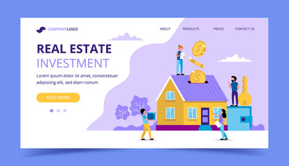 Wall Mural - real estate investment landing page - concept illustration for investing, buying house, coins fallin