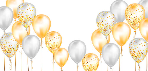 Flying glossy white and yellow shiny realistic 3D helium balloons with gold ribbon and glitter sparkles, perfect decoration for birthday party brochures, invitation card or baby shower