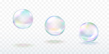 Realistic Soap Bubble With Rainbow Colors Isolated On Transparent Background. Vector Water Foam Elements Set. Colorful Iridescent Glass Ball Or Sphere Template.