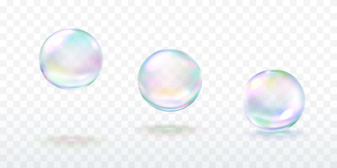 Poster - Realistic soap bubble with rainbow colors isolated on transparent background. Vector water foam elements set. Colorful iridescent glass ball or sphere template.